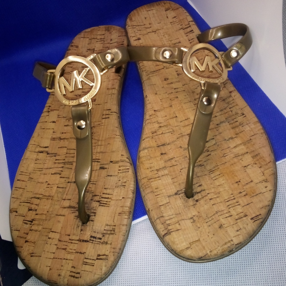 Michael Kors Women's Jelly Cork Thongs Sandals Flip Flop Bronze Gold Size 9